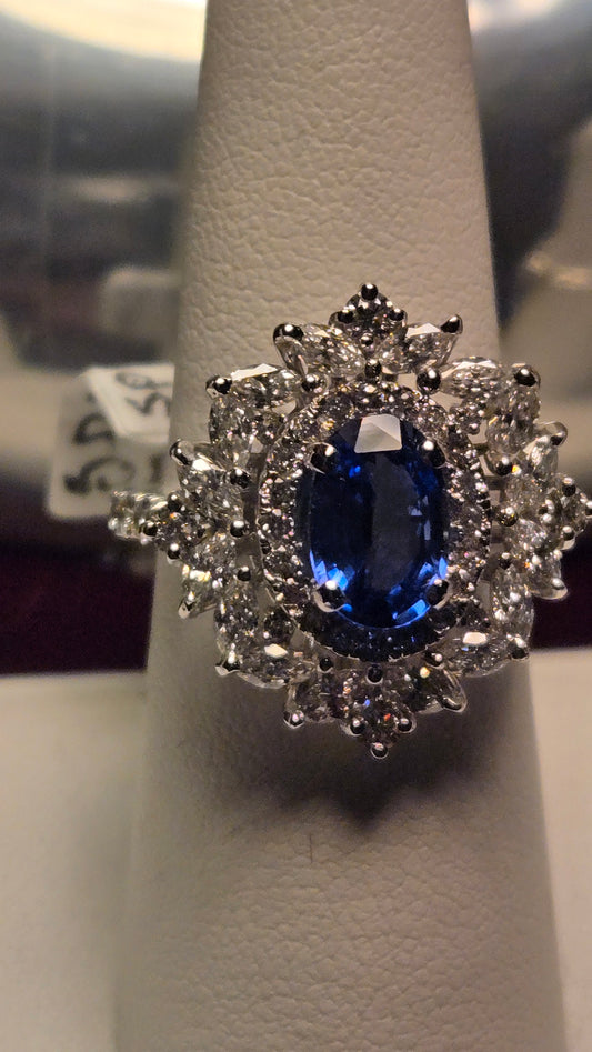 Cocktail Ring - 14k White Gold - 2.14 ct  Oval Sapphire - AA - 6.3g