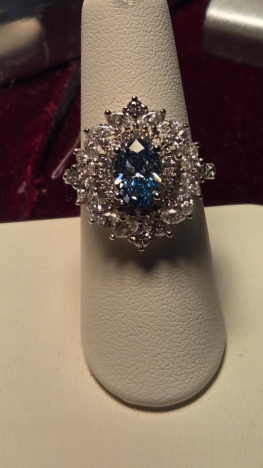 Cocktail Ring - 14k White Gold - 1.55 ct  Lab-Created Oval Blue Diamond - VVS2 FVB - 6.6g