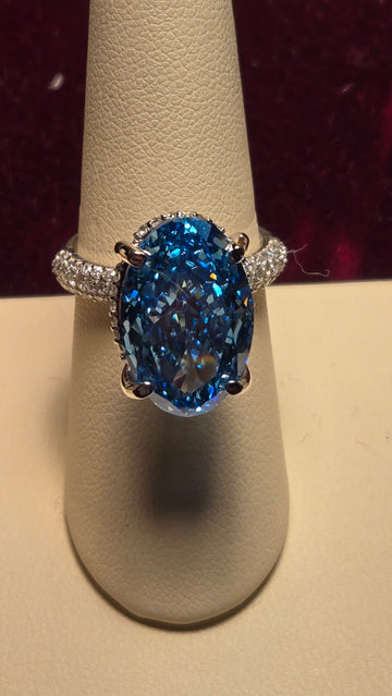 Engagement Ring - 14k White Gold - 11.23 ct  Lab-Created Oval Blue Diamond - VS1 FVB - 8g