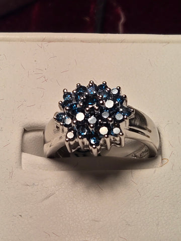 Cocktail Ring - 10k White Gold - 1 ct  Round Blue Diamond - I1 IB - 4.5g