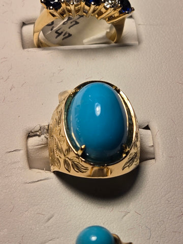 Ring - 18K Gold - 8 ct Persian Turquoise - 8.6 g