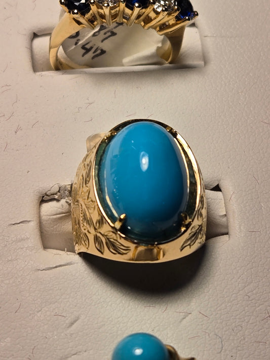 Ring - 18K Gold - 8 ct Persian Turquoise - 8.6 g