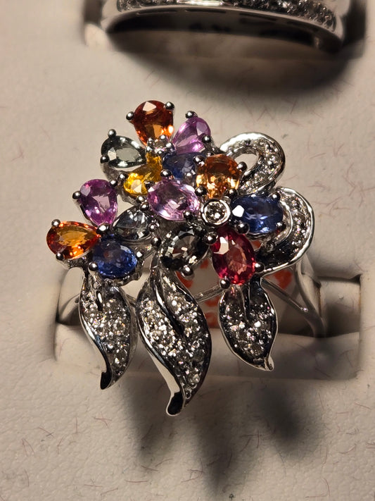 Ring - 18K White Gold - 2 ct Multicolor Sapphire - 6.8 g