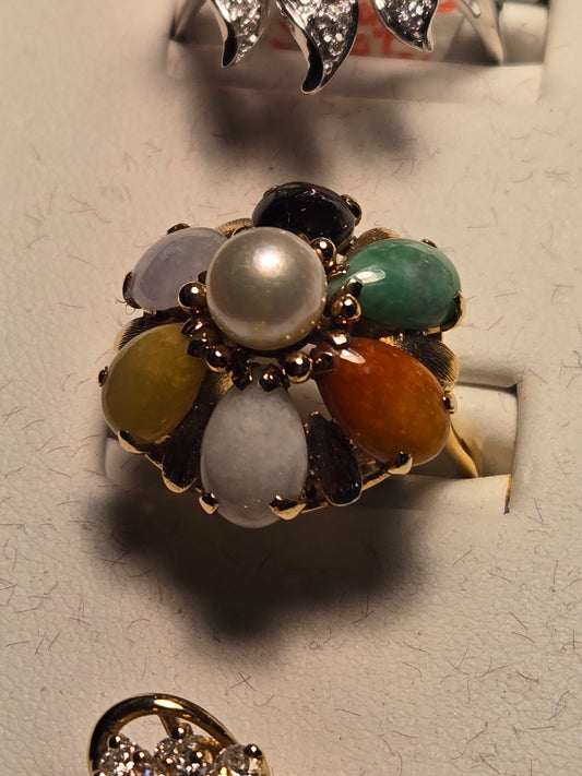 Ring - 14K Gold - 7 ct Multicolor Jade - 8 g