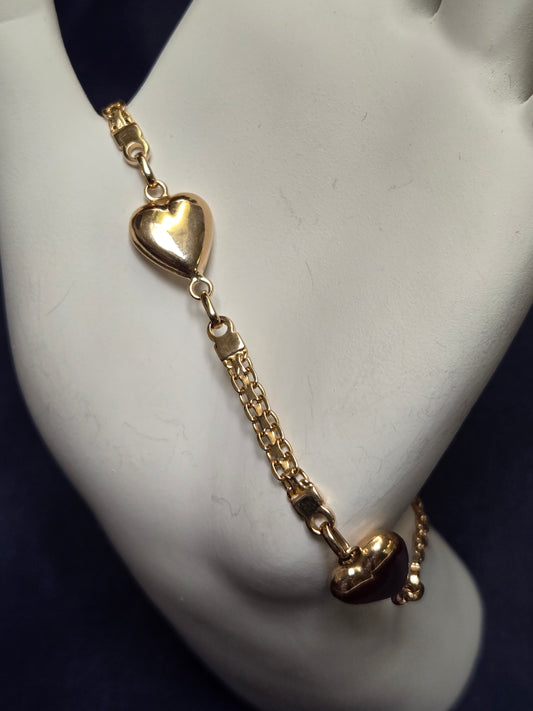 14K Gold Bismark Chain Heart Charm Bracelet 7.25" 5.7g