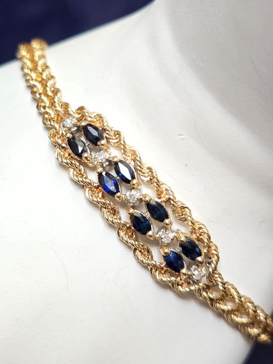 14K Gold Rope Chain Bracelet 6" 0.6ct Marquise-Cut Sapphire 7.3g