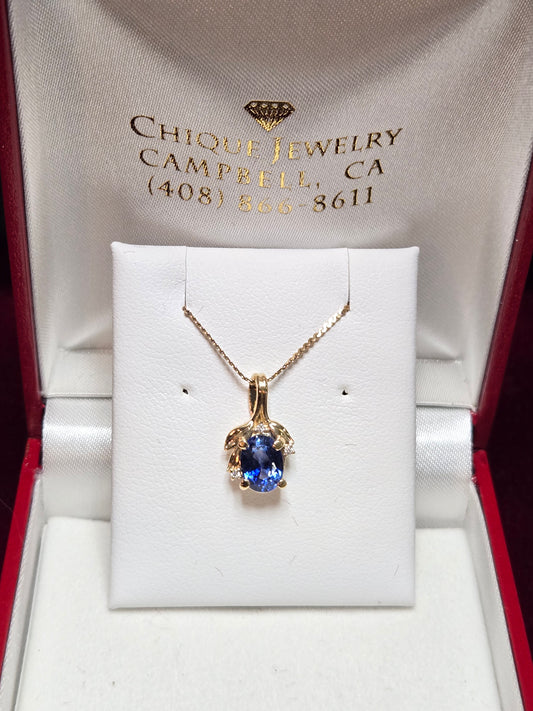 14K Gold Pendant 1.3ct Oval-Cut Lab-Created Sapphire 1.4g