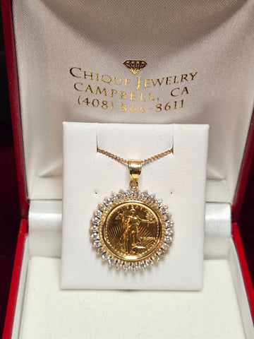 22K Gold 1/10 Liberty Coin Pendant 1.0ct Round-Cut Diamond 7.7g