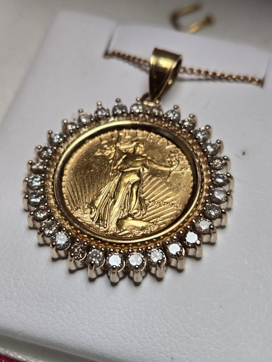 22K Gold 1/10 Liberty Coin Pendant 1.0ct Round-Cut Diamond 7.7g