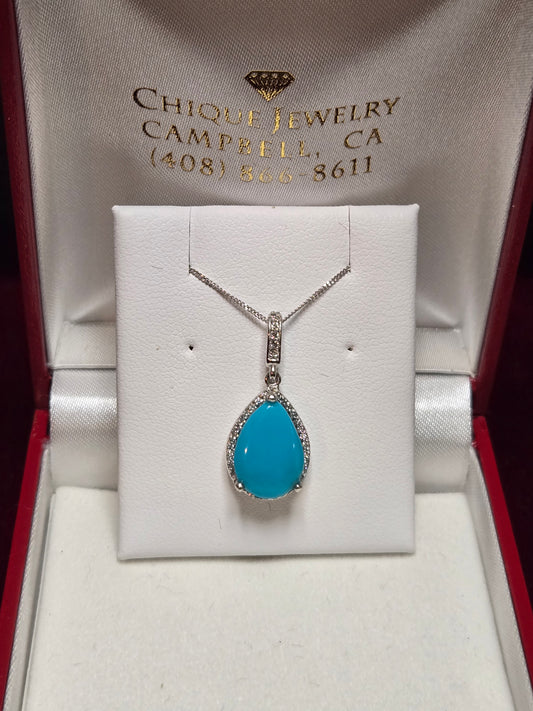 14K White Gold Pendant Pear-Cut Persian Turquoise 2.5g