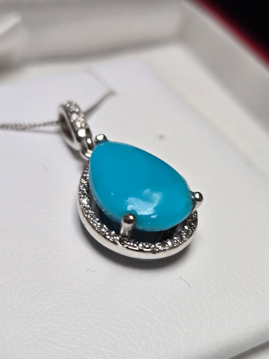 14K White Gold Pendant Pear-Cut Persian Turquoise 2.5g