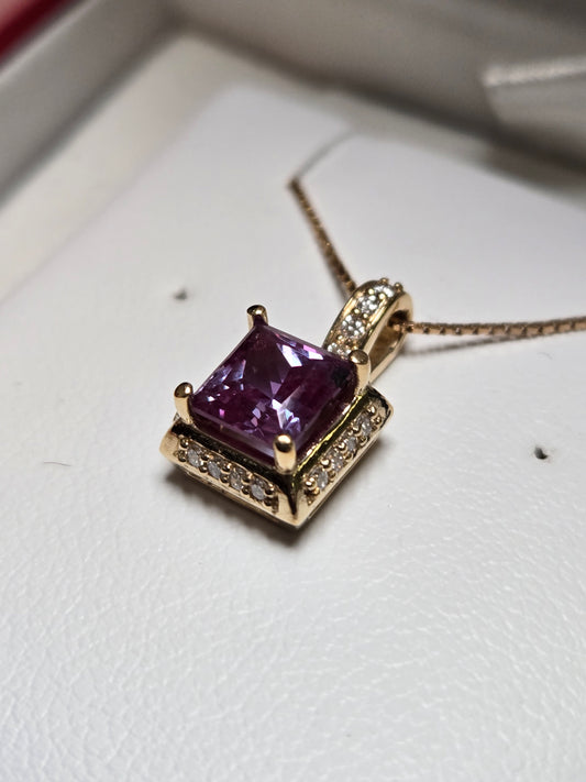 14K Gold Pendant 1.05ct Princess-Cut Lab-Created Alexandrite 1.7g