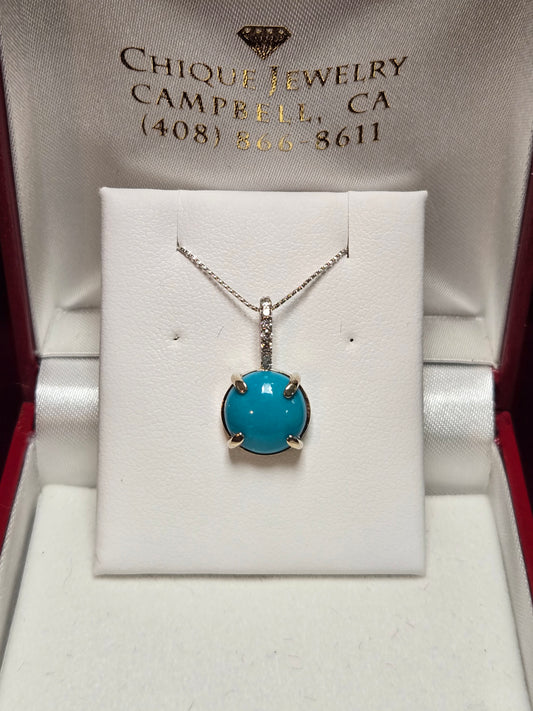 14K White Gold Pendant 2.0ct Round-Cut Persian Turquoise 1.7g