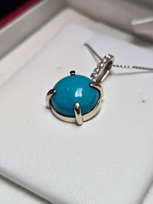 14K White Gold Pendant 2.0ct Round-Cut Persian Turquoise 1.7g