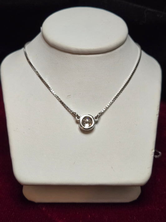 14K White Gold Box Chain Pendant Necklace 16" 0.46ct Round-Cut Diamond 3g