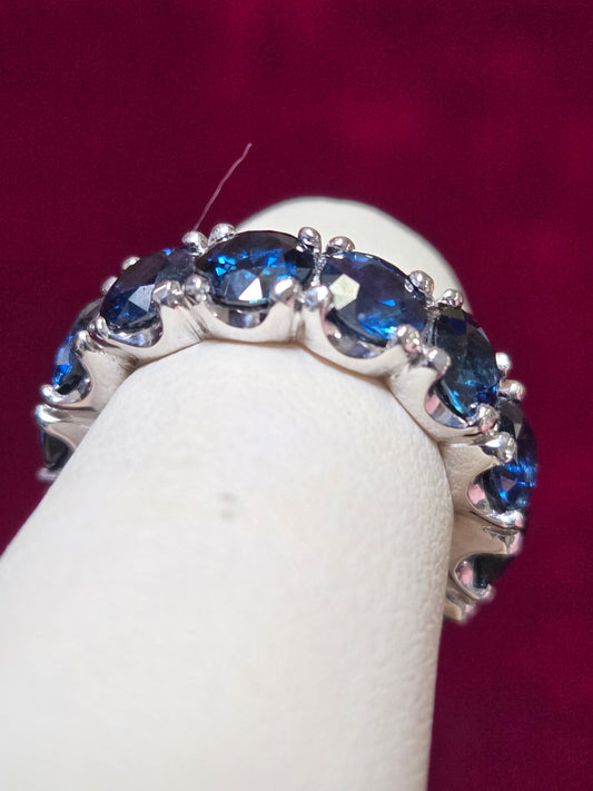 14K White Gold Eternity Ring 7.4ct Round Blue Sapphires 6.3g