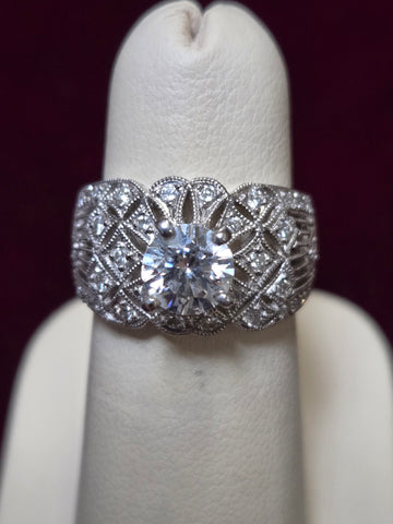 18K White Gold Filigree Ring 1ct Round-Cut Simulated Lannyte Diamond 8.7g
