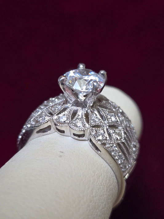 18K White Gold Filigree Ring 1ct Round Simulated Lannyte Diamond 8.7g