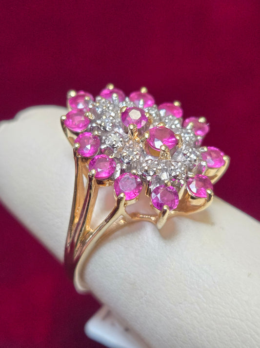 14K Gold Cluster Ring 1ct Round Rubies 4.9g