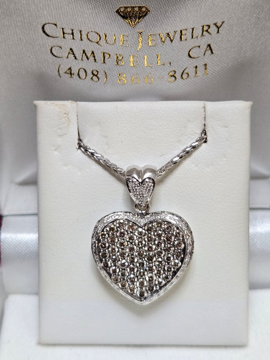 14K White Gold Heart Pendant 2.5ct Round Brown Diamond 7.1g