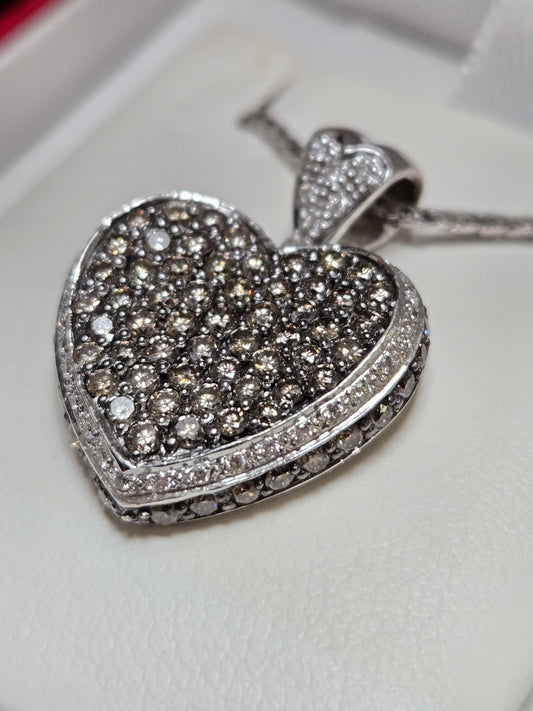 14K White Gold Heart Pendant 2.5ct Round Brown Diamond 7.1g