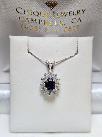 18K White Gold Pendant 0.98ct Oval-Cut Blue Sapphire 2.2g