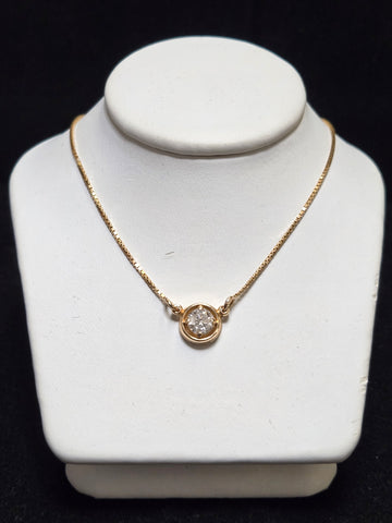 18K Gold Box Chain Pendant Necklace 14" 0.38ct Round-Cut Diamond 2.8g