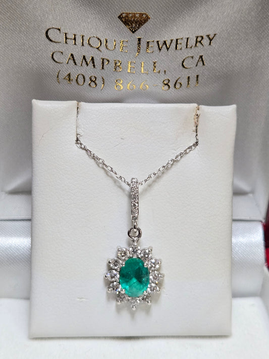 14K White Gold Pendant 1.05ct Oval Emerald 1.9g