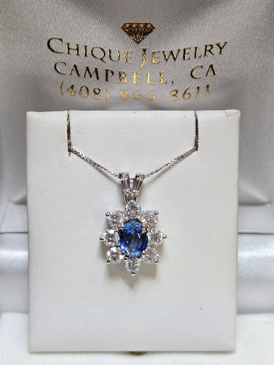 18K White Gold Pendant 1.05ct Oval Blue Sapphire 2.8g