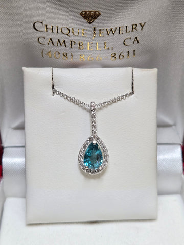 14K White Gold Pendant 0.9ct Pear-Cut Blue Tourmaline 0.9g