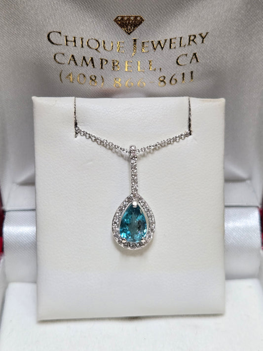 14K White Gold Pendant 0.9ct Pear-Shaped Blue Tourmaline 0.9g