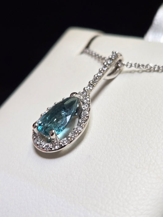 14K White Gold Pendant 0.9ct Pear-Shaped Blue Tourmaline 0.9g