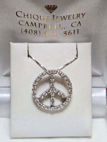 14K White Gold Peace Sign Pendant 0.85ct Round-Cut Lab-Created Diamond 3.8g
