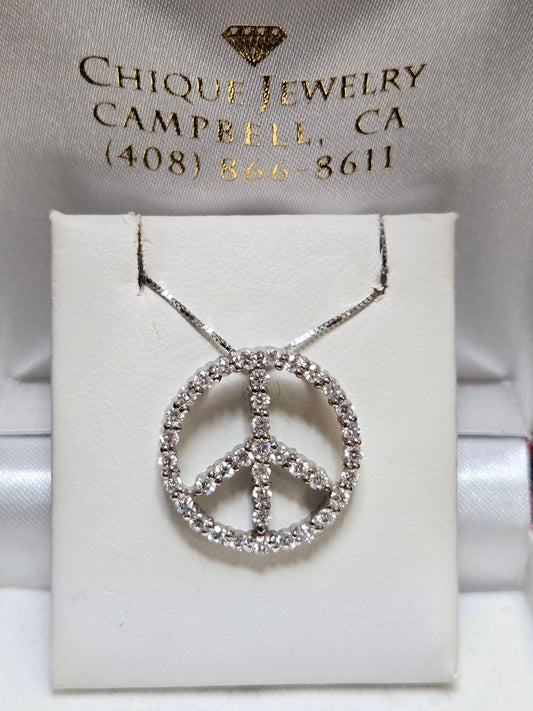 14K White Gold Peace Sign Pendant 0.85ct Round Lab-Created Diamond 3.8g