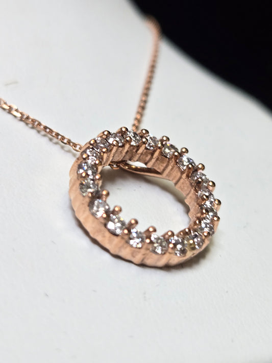 14K Rose Gold Diamond Cut Cable Chain Pendant Necklace 0.57ct Round Diamond 3.5g