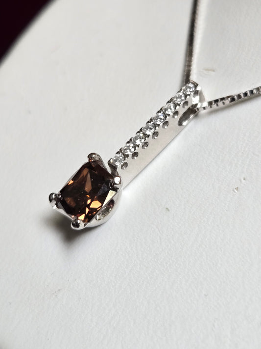 14K White Gold Box Chain Pendant Necklace 18" 1.07ct Square Brown Diamond 2.8g