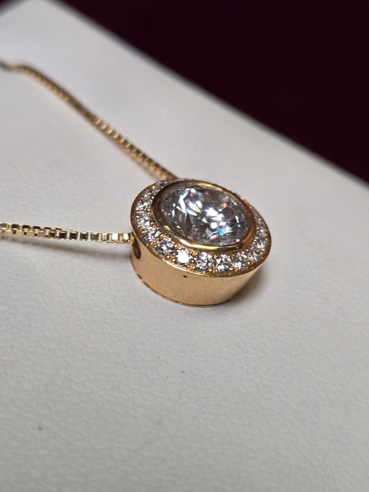 14K Gold Box Chain Pendant Necklace 15" 1.28ct Round Lab-Created Diamonds 2.8g