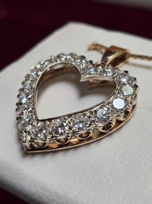 14K Gold Heart Pendant 1.6ct Round Diamond 3.8g