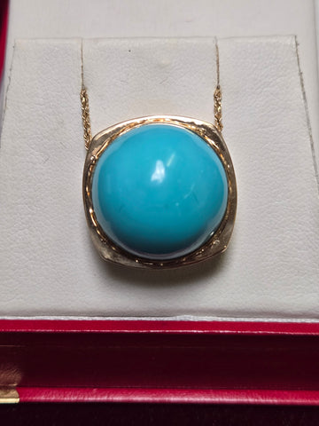 14K Gold Pendant 28ct Round-Cut Turquoise 12.3g
