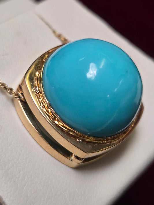 14K Gold Pendant 28ct Round Turquoise 12.3g