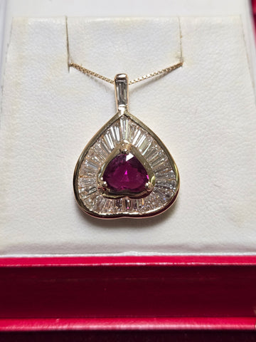 14K Gold Heart Pendant 1.5ct Heart-Cut Rubelite with 1.3ct Diamond 4.9g