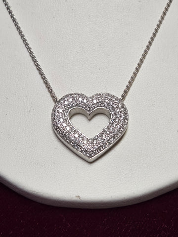 14K White Gold Heart Pendant 18" 1.5ct Round-Cut Diamond 14g