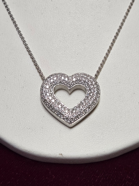 14K White Gold Heart Pendant 1.5ct Round Diamond 14g