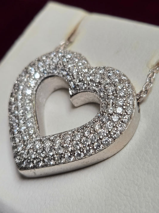 14K White Gold Heart Pendant 1.5ct Round Diamond 14g