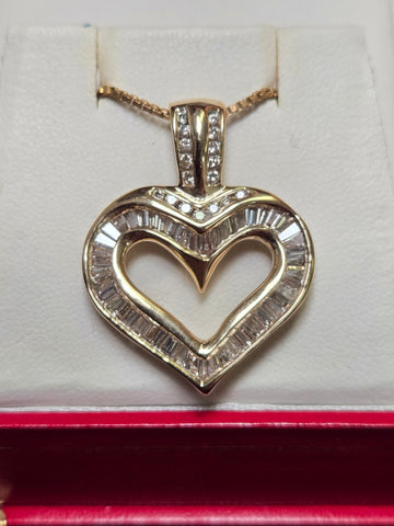 14K Gold Heart Pendant 1.5ct Baguette-Cut Top Light Brown Diamond 7.3g