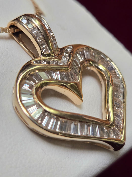 14K Gold Heart Pendant 1.5ct Baguette Top Light Brown Diamonds 7.3g