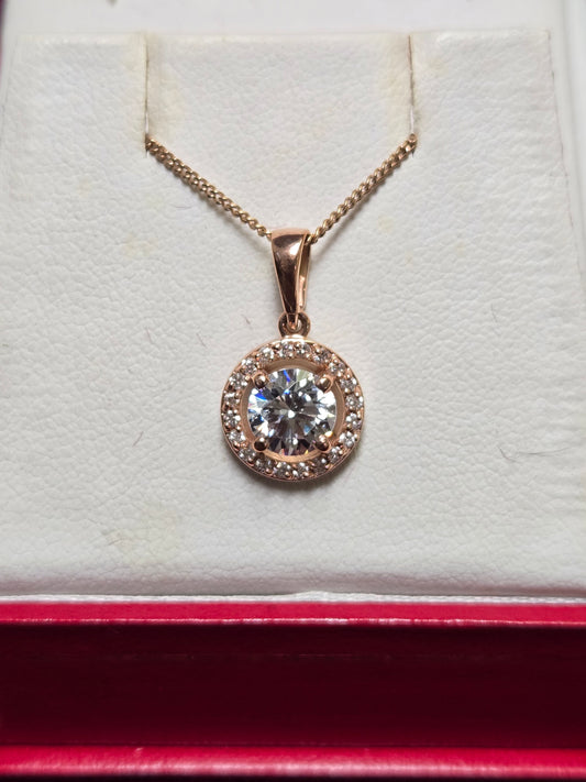14K Rose Gold Pendant Round Simulated Lannyte Diamond 1.9g