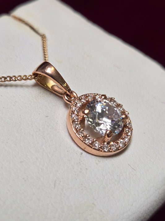 14K Rose Gold Pendant Round Simulated Lannyte Diamond 1.9g