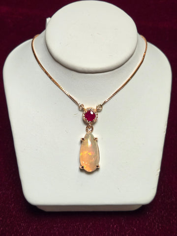 14K Rose Gold Box Chain Pendant Necklace 18" 3.2ct Pear-Cut Opal 4.3g