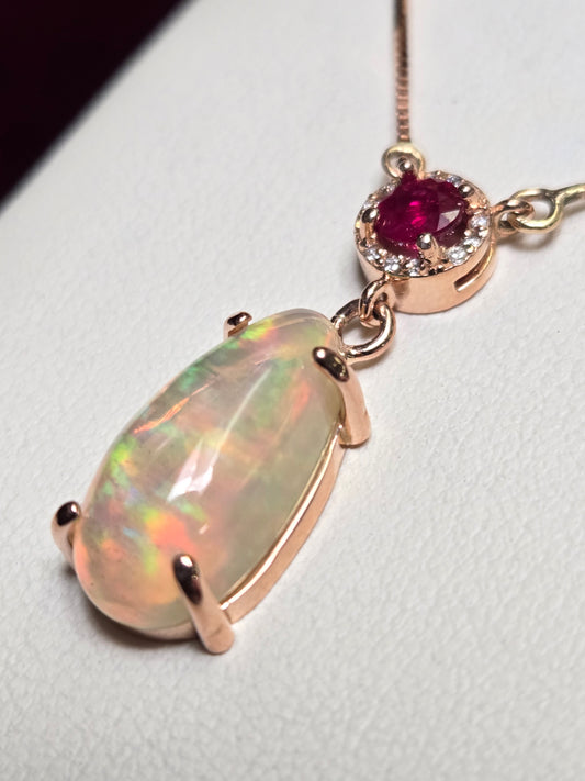 14K Rose Gold Box Chain Pendant Necklace 18" 3.2ct Pear-Shaped Opal 4.3g
